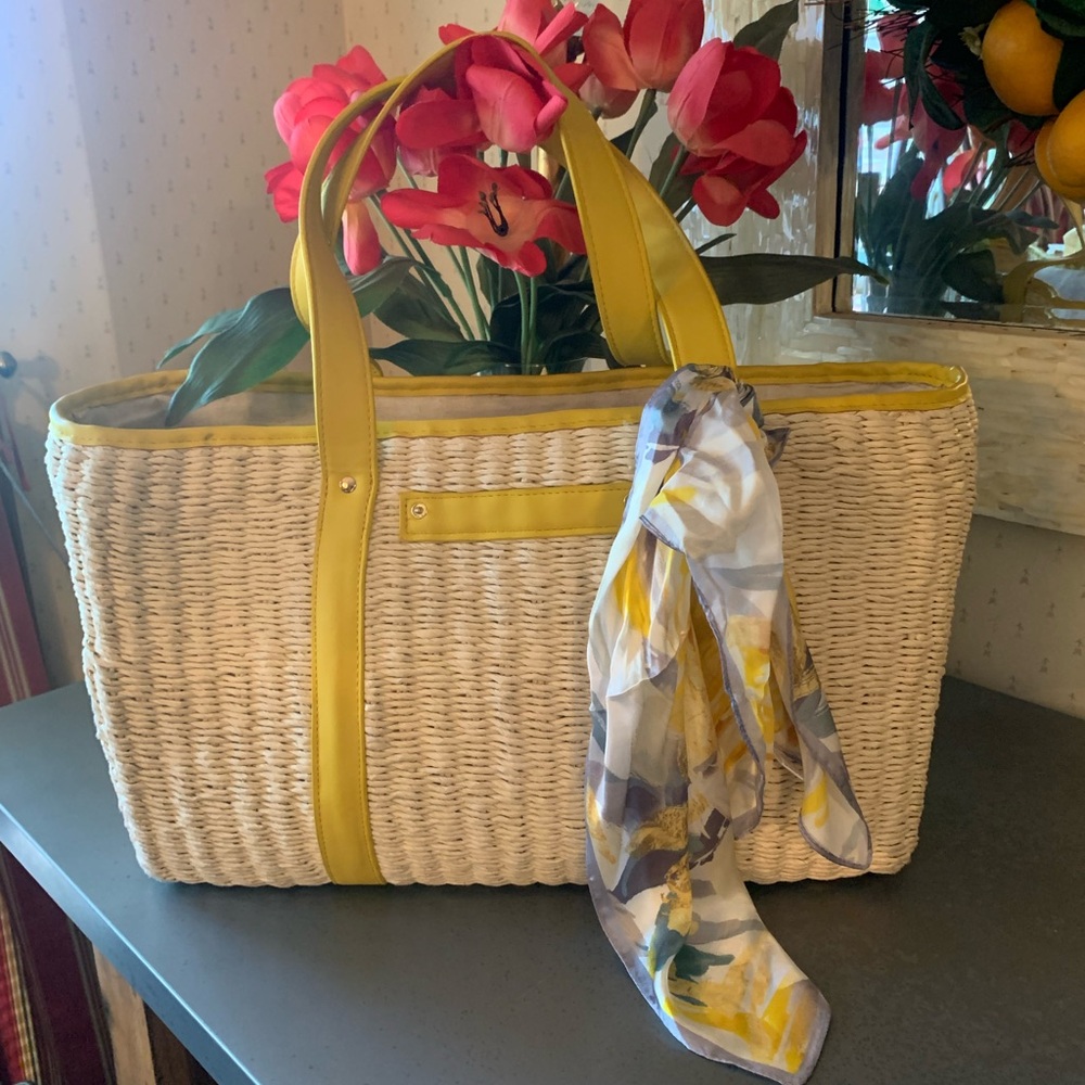 Mark and Graham, EXTRA LARGE straw beach tote. YELLOW trim and 2 straps 10 inch